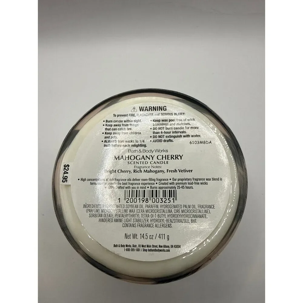 Bath & Body Works Mahogany Cherry 3-Wick Candle New 14.5 oz Soy Wax Blend
